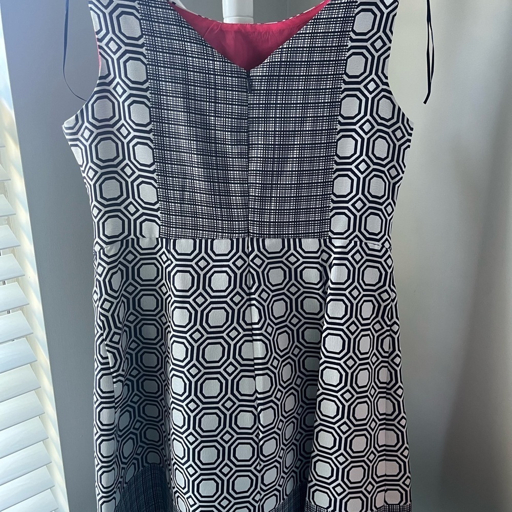 Vintage Geometric Mod Shift Dress Navy White Sleeveless Pockets 14 Retro Chic - Picture 3 of 5